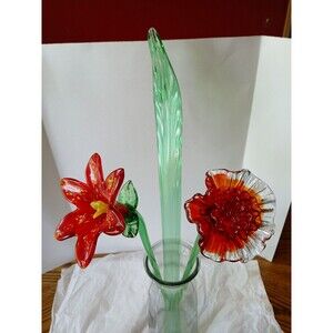 3 Hand Blown Glass Flowers-leaf , Red LILLY, GREEN LEAF, CRIMPED Carnation